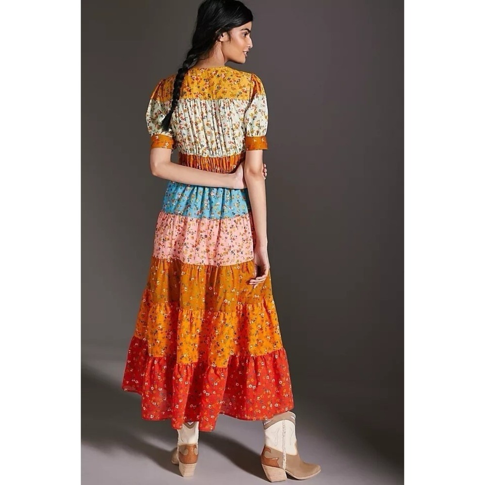 Anthropologie NWT Tiered True Dress Small Patchwork Colorblock‎ Floral Midi Boho - Picture 2 of 10